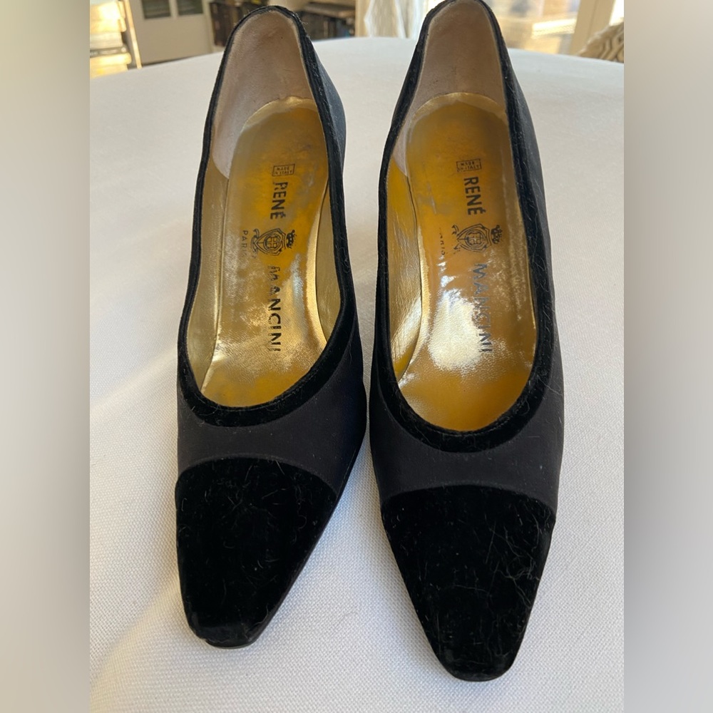 Rene Mancini size 5 1/2  US. Or 37 Euro Black and Velvet Italian  3” pumps